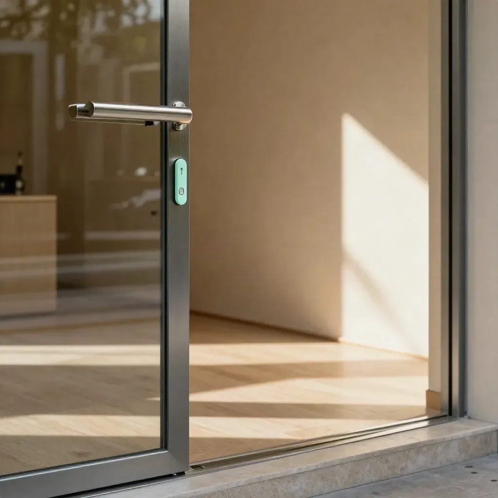 Glass entrance threshold with a handle and glowing call button in a bright modern interior.