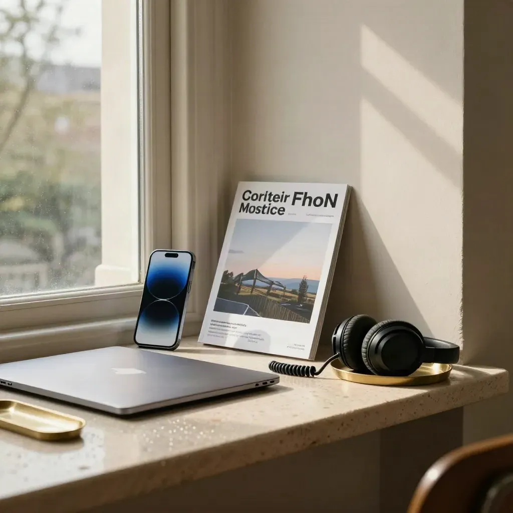 Rainlit studio corner with laptop, glowing phone, headset and brass tray in cinematic haze.