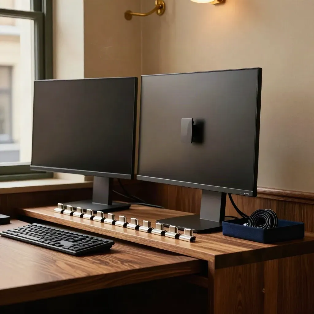 Cozy agency nook with turned monitors, keyboard and cable clips in warm light.