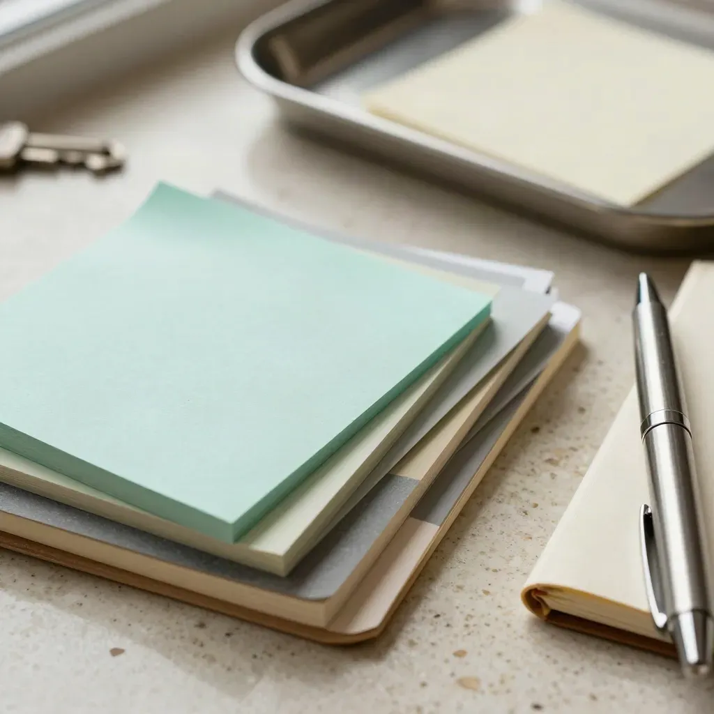 Extreme macro of mint sticky tabs, swatches and a brushed-metal pen on a closed notebook.