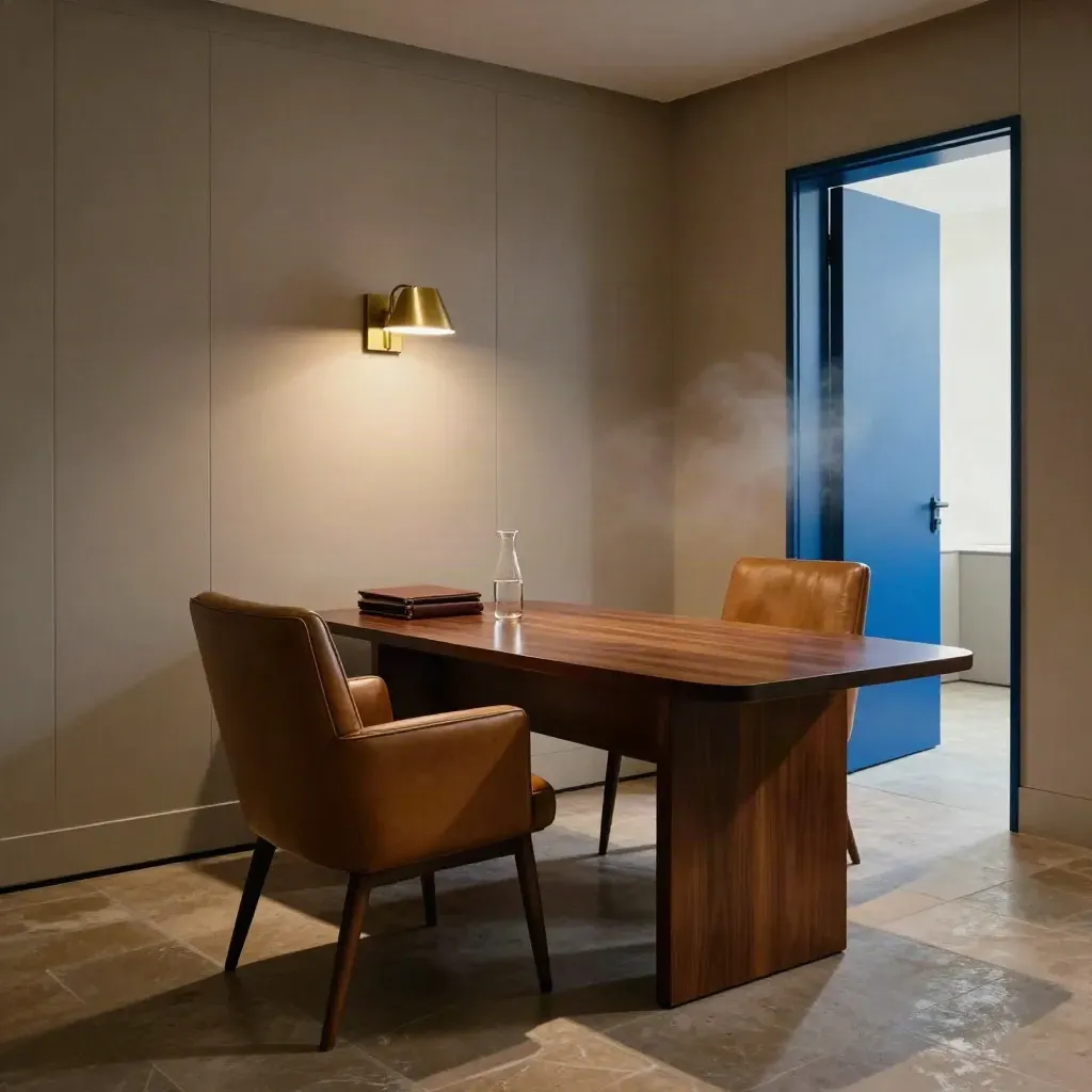 Empty law office consult room with leather chairs, brass light, and polished table.