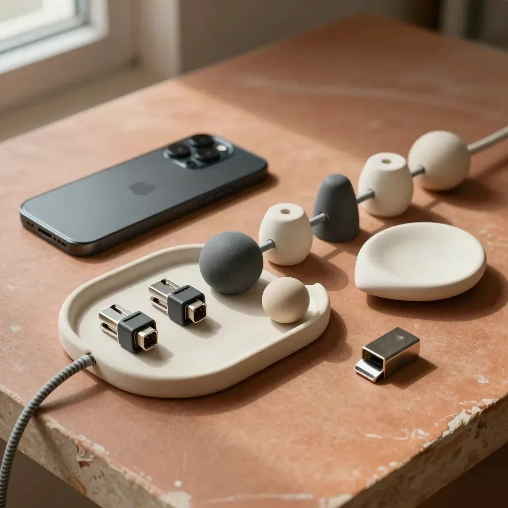Overhead CRM workflow tokens beside a phone cradle and connector clips on terracotta plaster.
