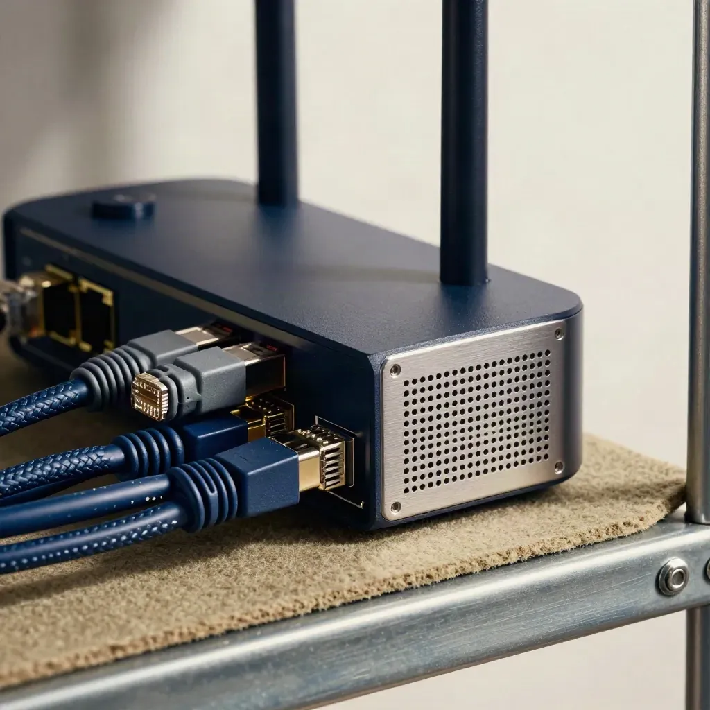 Macro of a router, ethernet cables and a metal grille in a tidy comms cupboard.