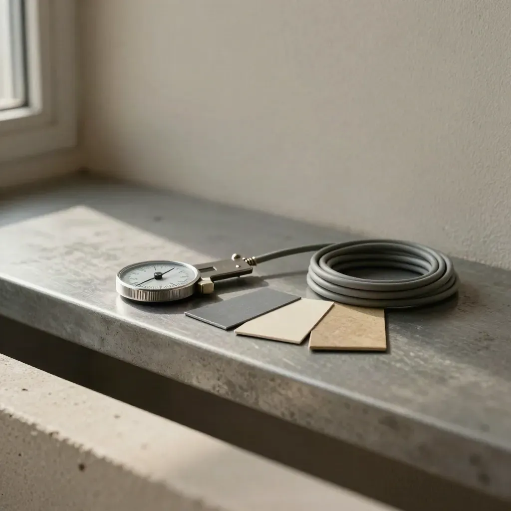 Calibration dial, neutral colour chips and a coiled cable on brushed metal with soft side light.